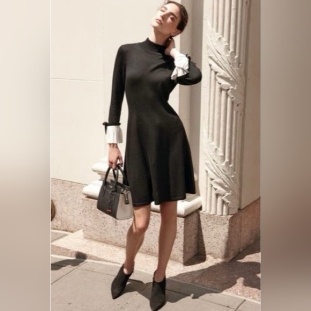 CeCe Womens XL Black Sweater Dress White Pleated Cuffs‎ Mockneck Preppy Casual